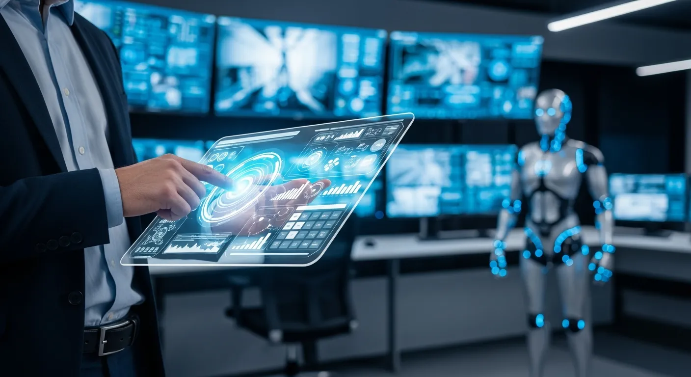 Roboter-Operator steuert humanoiden Roboter mit Tablet - Training und Betrieb