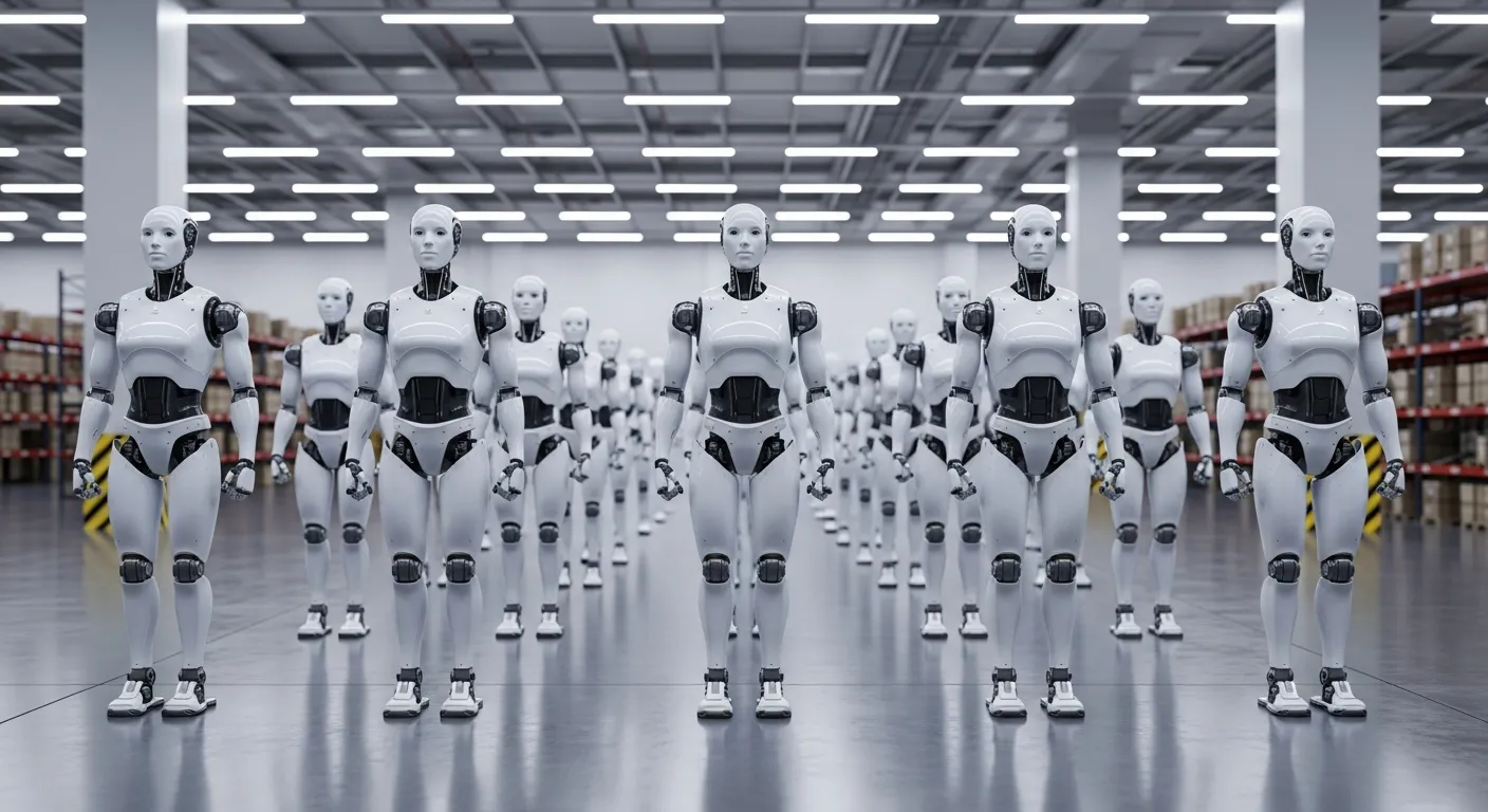 Reihe von humanoiden Robotern im Lager - Robot-as-a-Service Flotte